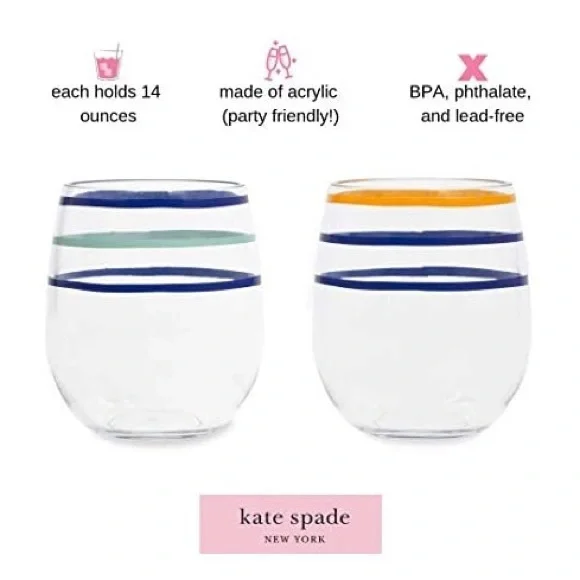 NWT Kate Spade Acrylic Stemless Wine Glass Set, Citrus Twist Stripe - Picture 2 of 11